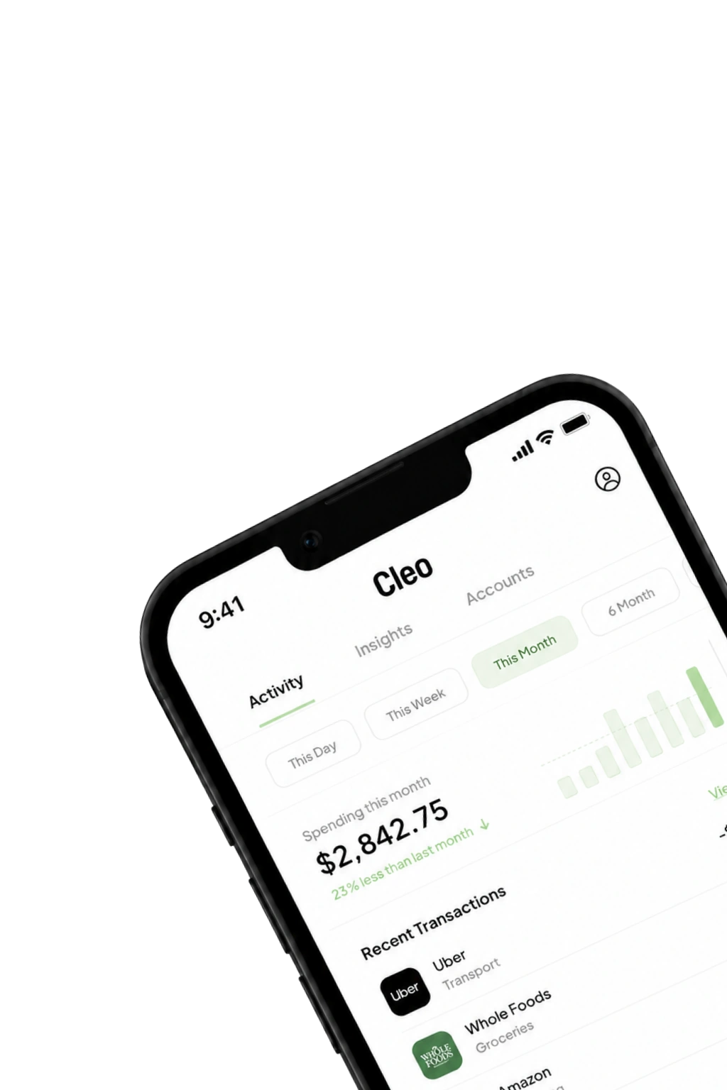 Cleo app credit tracking screen with score growth chart and linked accounts