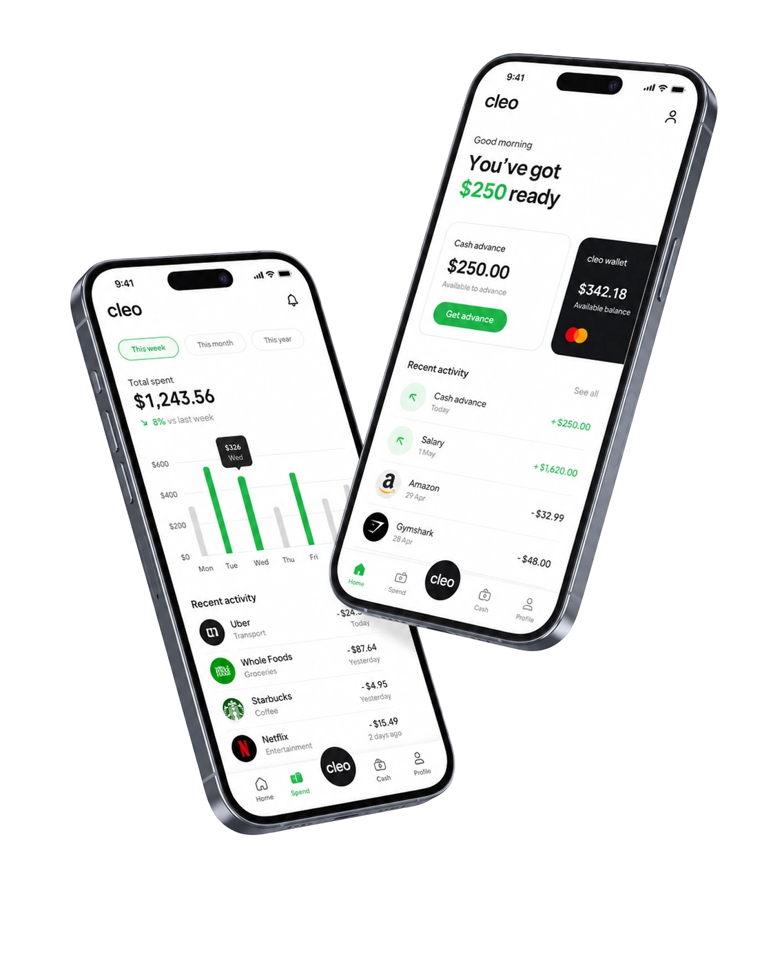 Cleo app screens showing cash advance and credit tracking