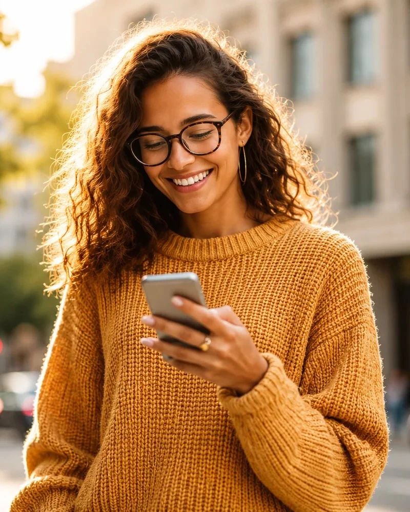 Smiling woman checking her Cleo loan eligibility on her phone