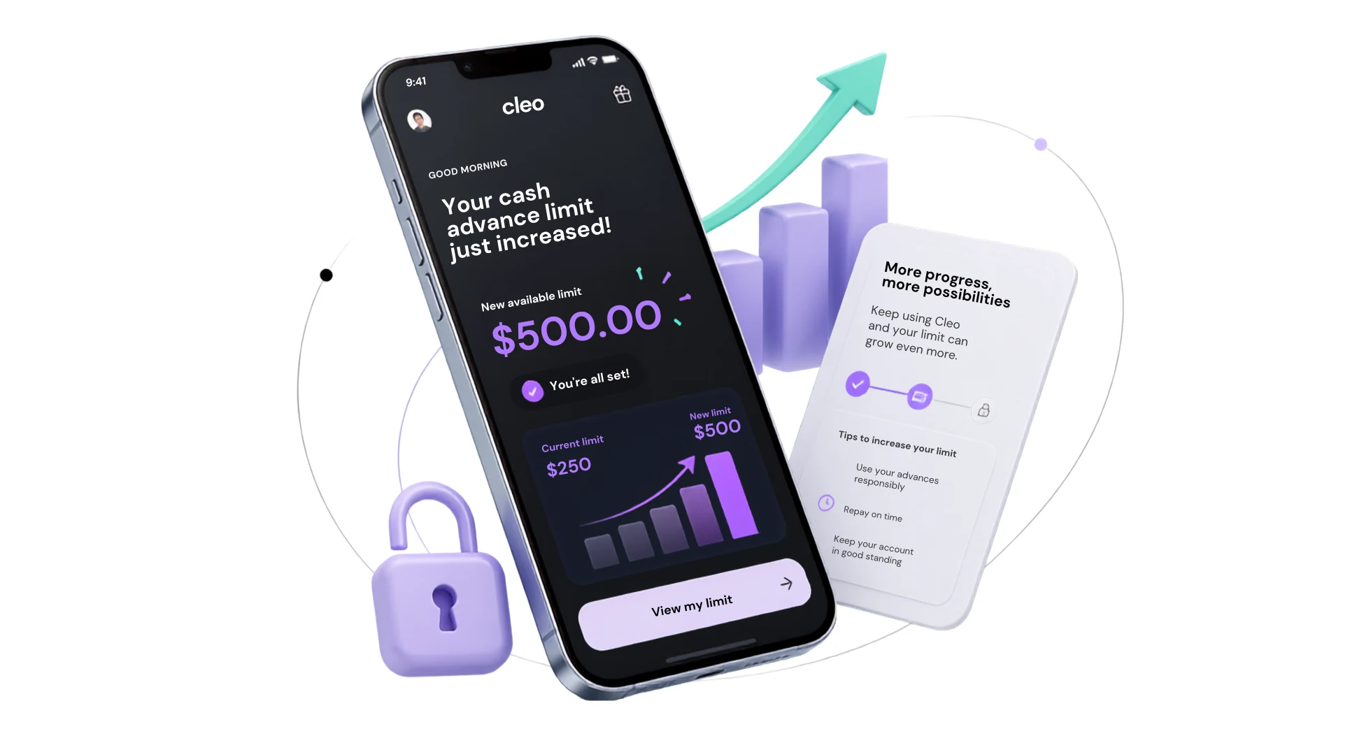 Cleo app showing a cash advance limit increase from $250 to $500